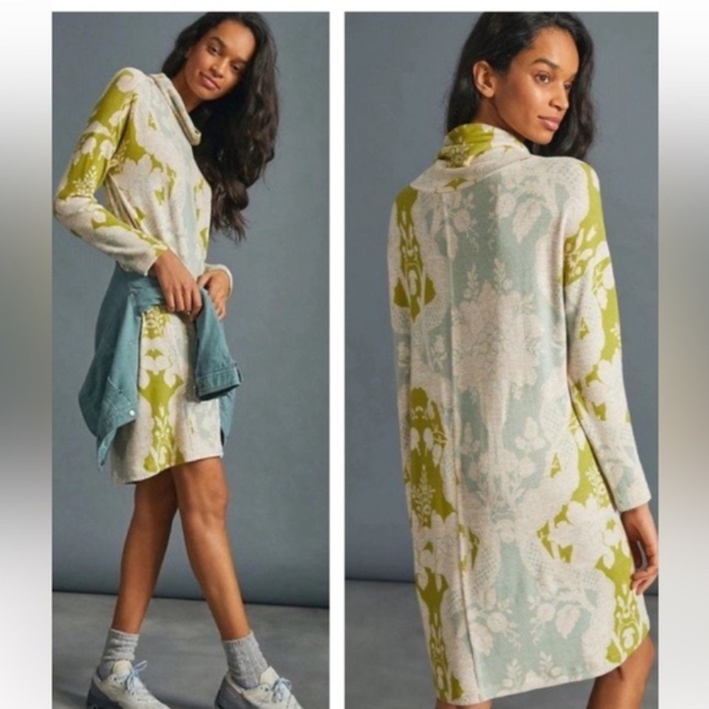Anthropologie Women's Green Floral Damask Cowl Neck Sweater Dress sz Medium